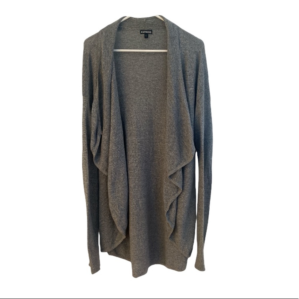 Express Knit Cardigan Ruffle Front Gray Long Sleeve Sweater